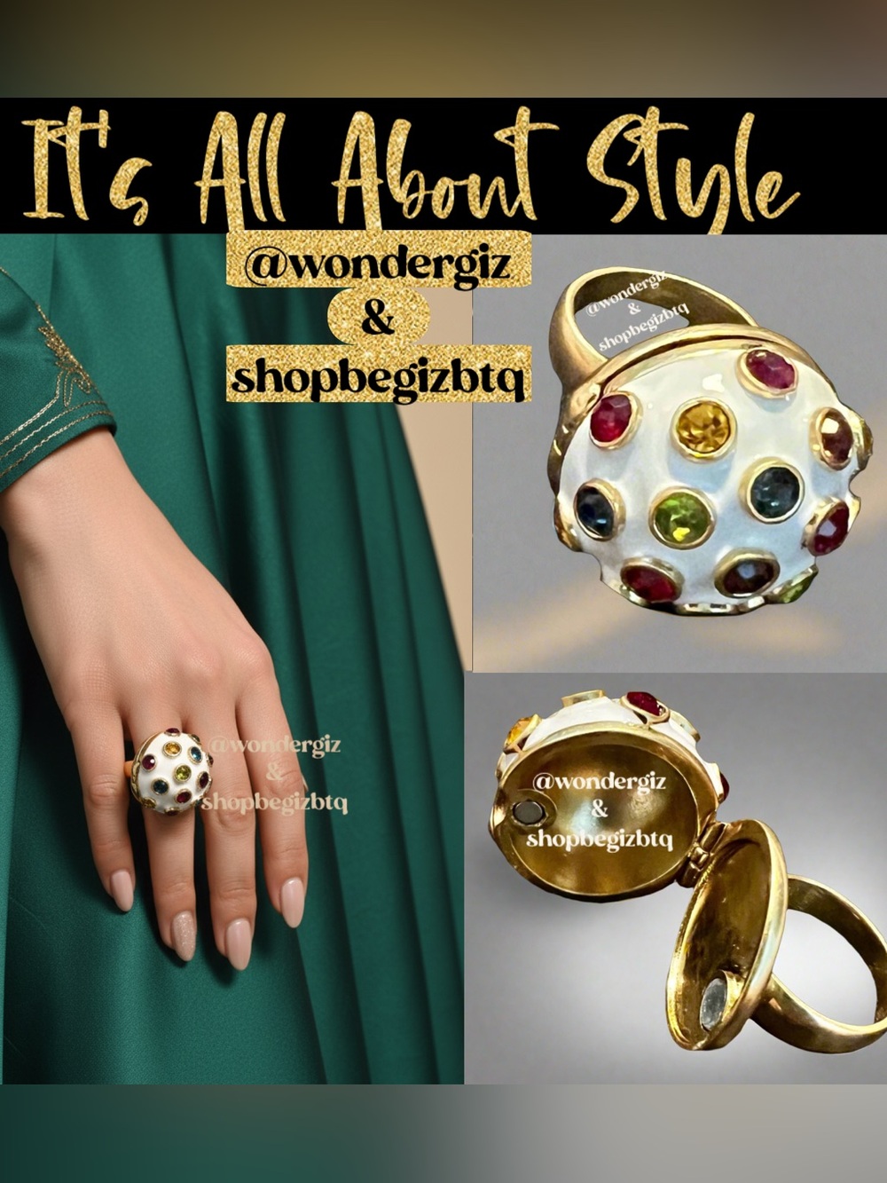 🆕Tory Burch Authentic Unique Locket Magnetic Ring White Enamel Colorful Stones
